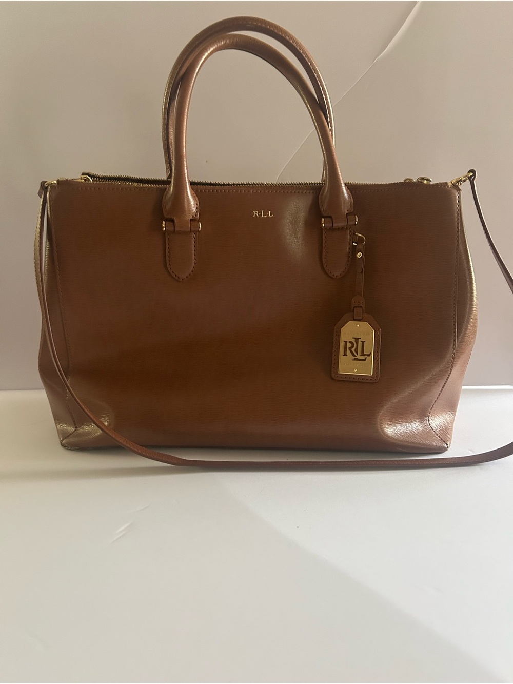 Lauren Ralph Lauren Brown Leather Satchel with Gold Hardware